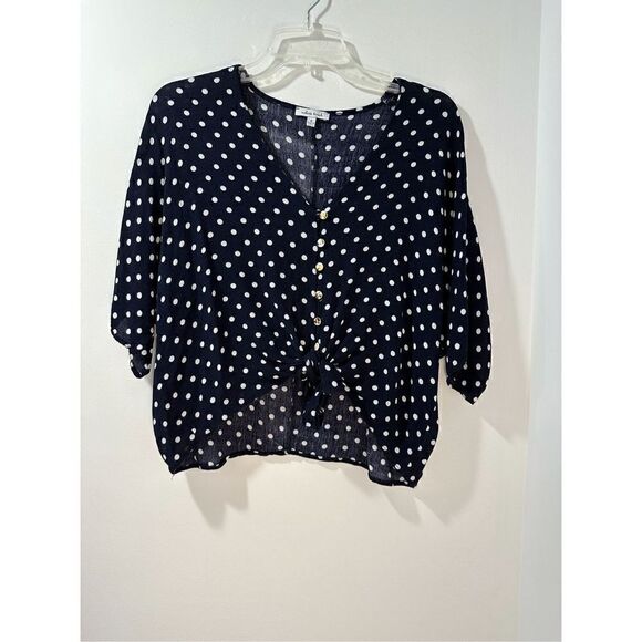 White Birch women’s navy/white polka dot front tie top size S.  #17-0413 - Picture 1 of 5